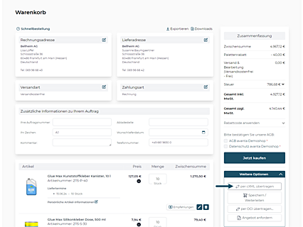 Übertragung des Warenkorbs ins eProcurement-System