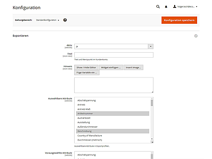 Konfiguration des Katalogexports im avanta Systembackend