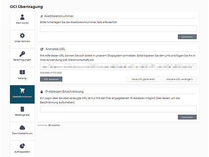 OCI-Konfigurationsbereich im avanta Webshop