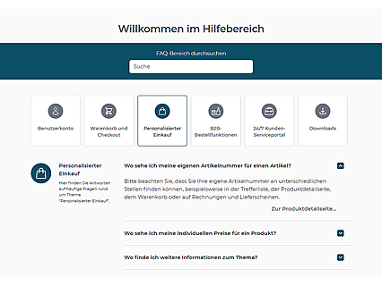 FAQ-Bereich mit Kategorien; durchsuchbar
