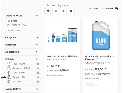 avanta Premium-Filter: Visualisierung Filterattribute