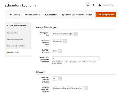 Konfiguration Premiumfilter avanta B2B E-Commerce Lösung