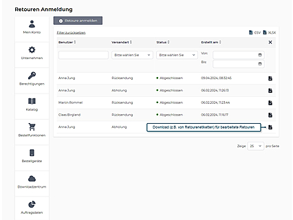 Übersicht der Retouren-Anmeldungen im Webshop Benutzerkonto