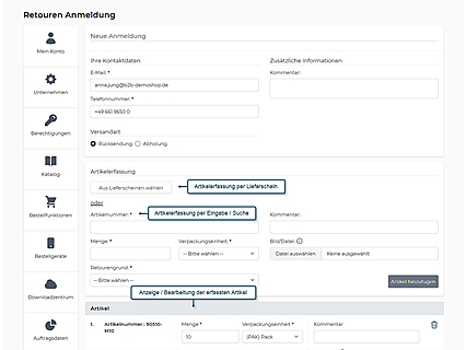 Retouren-Anmeldung per Formular im avanta Webshop Benutzerkonto