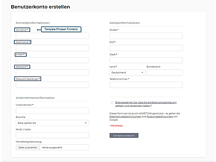 Beispiel: Zu übersetzende Texteinheiten (Template Phrases) im Frontend