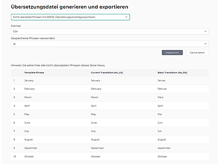 Export der zu übersetzenden Template Phrases mit Übersetzungsvorschlag