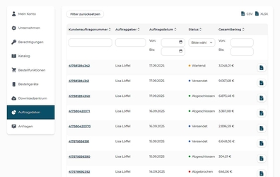 avanta Demoshop: customer service portal with order data