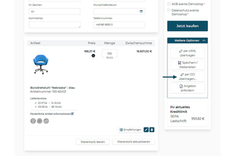 Screenshot: Übertragung des Warenkorbs aus avanta Webshop ins ERP-System