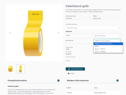 Configurable articles in the webshop for packaging powered by avanta