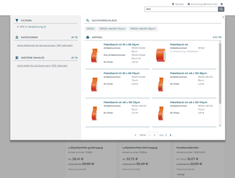 Product search in the webshop for packaging powered by avanta