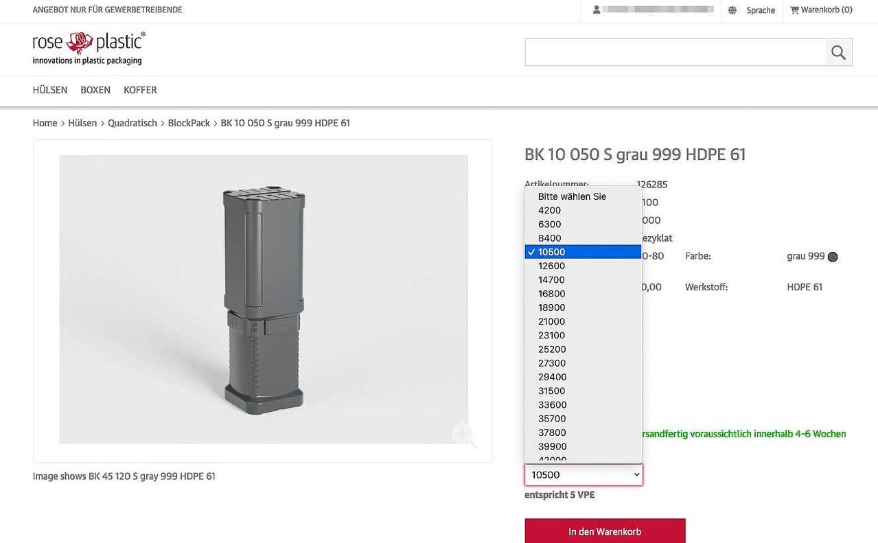 Spezielle Mengenauswahl auf Produktdetailseite